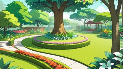 Vibrant Garden Pathway Curving Around a Majestic Tree with Colorful Flowers and Green Foliage