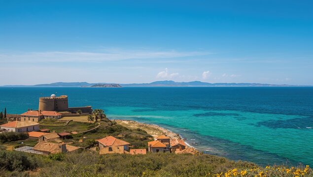Coastal landscape featuring a historic fort, charming residences, and a tranquil ocean, seasonal change