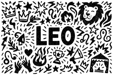 Leo zodiac doodle icons with stars and expressive symbols in hand-drawn style, Transparent Background