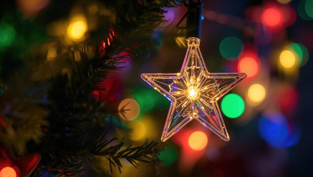 Closeup of Christmas star-shaped lights, vibrant illumination for festive decor, holiday