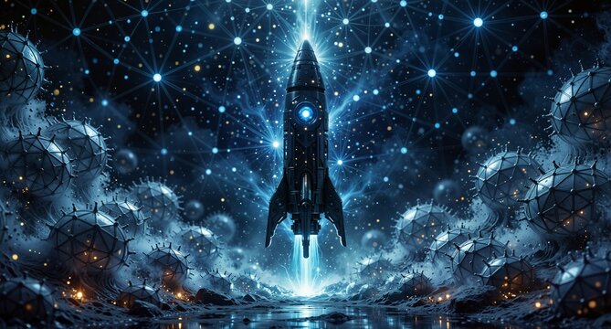 futuristic spacecraft launching through a glowing network of geometric planetary spheres in a nebula.