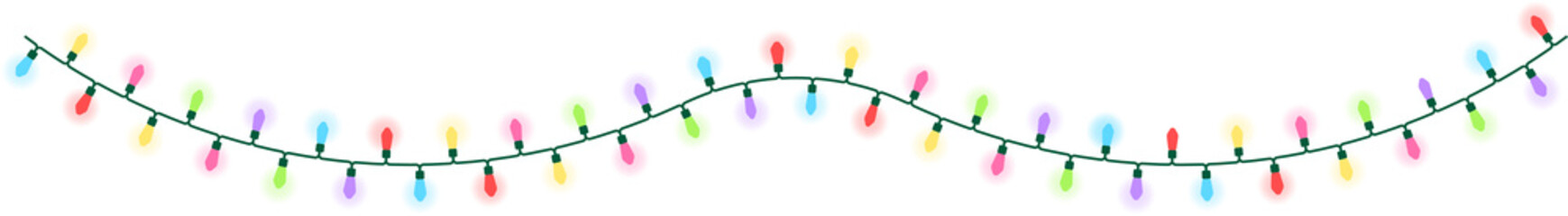 6色の電球でカラフルなクリスマスライト（String lights）の背景透過イラスト。点灯している・2連のカーブバージョン。電線の細かい形状を再現している。