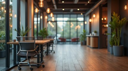 Modern co-working space bathed in warm light, featuring contemporary desks, ergonomic chairs, and lush greenery, perfect for productivity and collaboration.