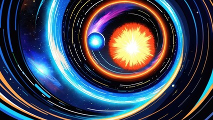 Colorful Abstract Representation of a Cosmic Vortex with Bright Energy Explosion and Planets