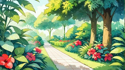 Lush Green Garden Pathway Surrounded by Vibrant Flowers and Trees in Bright Sunlight