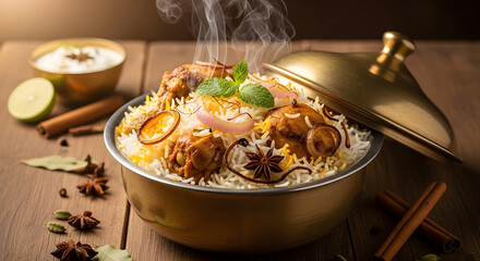 Steaming hot chicken biryani served in a traditional pot with garnish and spices