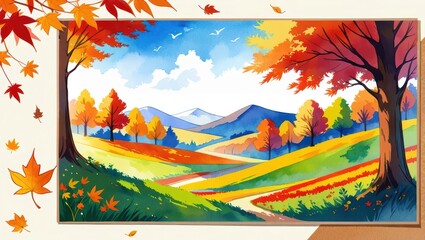 Vibrant Autumn Landscape with Colorful Trees and Rolling Hills under a Bright Blue Sky