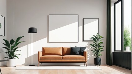 Modern Living Room Interior Design Featuring Cozy Sofa and Decorative Plants with Natural Light