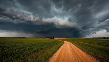 Obraz premium Dirt path winding through a field, approaching thunderstorm backdrop, erosion risk