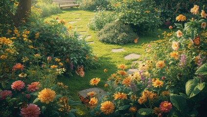 Summer garden scene with blooming plants and fluttering butterflies