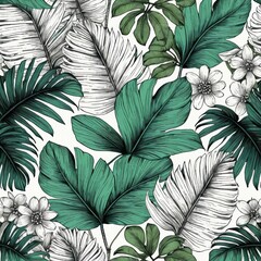 Tropical Leaves Pattern With Lush Green Foliage And Delicate Flowers On Light Background