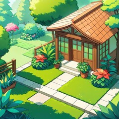 Charming Wooden House Surrounded by Lush Garden with Colorful Plants and Sunlit Pathway