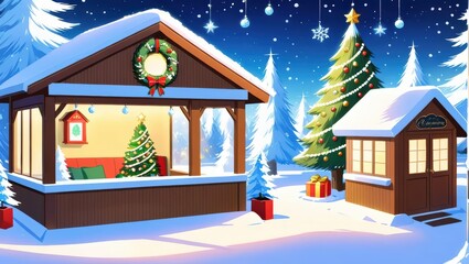 Cozy Winter Scene with Snowy Cabin and Decorated Christmas Tree Under a Night Sky