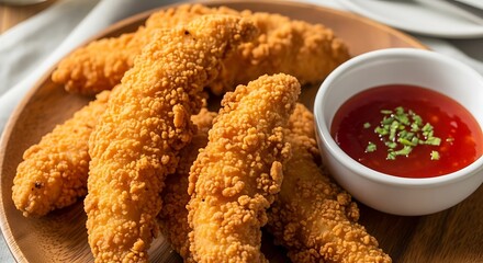 Crispy Chicken Strips with Dipping Sauce on Wooden Plate.