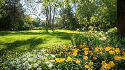 Obraz premium A bright and sunny garden scene with a mix of yellow flowers, including daisies, daffodils, and marigolds, basking in the sunlight.