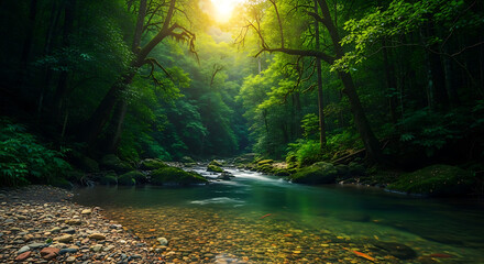 A river flowing through a dense green forest with sunlight streaming through the trees above it all around ai generated