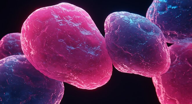 Microscopic view of vibrant pink and purple cells or bacteria on a dark background.