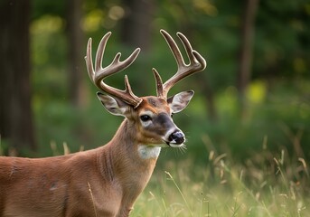 Majestic White-Tailed Buck in Forest Clearing, Antlers Prominent.