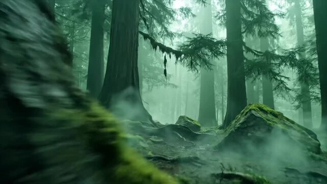 Misty Redwood Forest Floor with Ancient Trees and Mossy Roots.