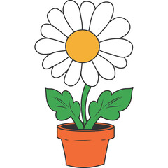 Simple Cartoon Daisy Flower in Orange Pot with Green Leaves and White Petals Yellow Center Isolated on Transparent Background