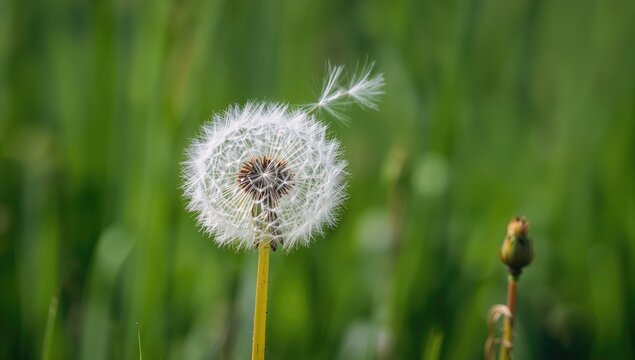 A close-up of a dandelion puffball in a field, swaying softly in the wind, ready for dispersal, seasonal change - Powered by Adobe