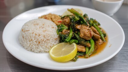 A white dish served with tasty Asian food, including aromatic rice, fresh greens, and lemon-flavored Chinese dishes, prepared flawlessly for a satisfying evening meal.