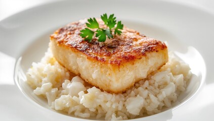 Cooked cod fillets served with rice on a plate, protein-rich meal
