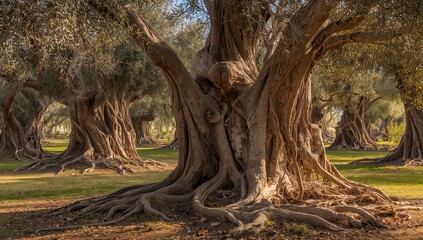 Fototapeta premium Detailed view of ancient olive trees in a historical garden, emphasizing preservation