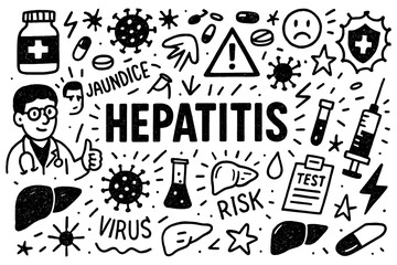 Hepatitis medical doodle icons in hand-drawn sketch style, Transparent Background