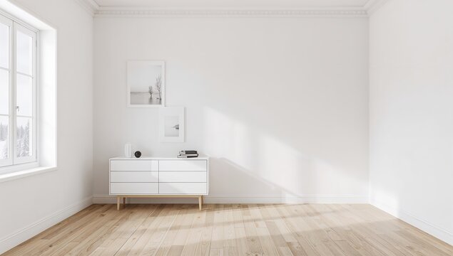 Minimalist white room featuring a hardwood floor and dresser, reflecting Nordic interior design, simplicity and spaciousness