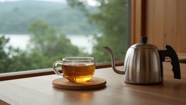 A glass of hot tea positioned beside a kettle, ideal for a cozy tea time experience - Powered by Adobe