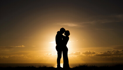 Romantic sunset with silhouetted couple