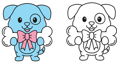 Cute Cartoon Puppy with Bone and Pink Bow - Adorable Animal Vector Illustration for Coloring Book