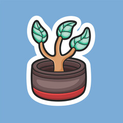 plant with three leaf in the pot with outline and isolated background