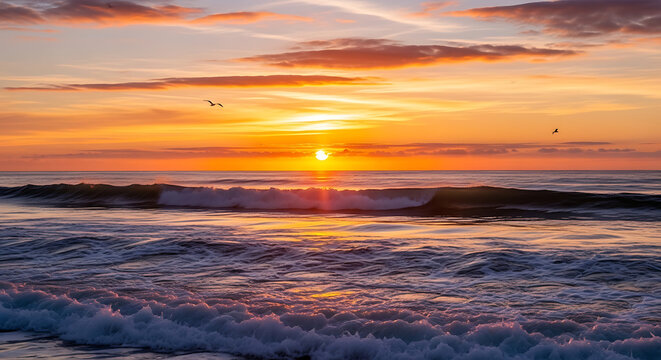 A scenic ocean view with waves crashing and a vibrant sunset and birds flying in the distance sky horizon ai generated
