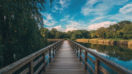 Fototapeta premium A bridge in a park setting, showcasing seasonal change