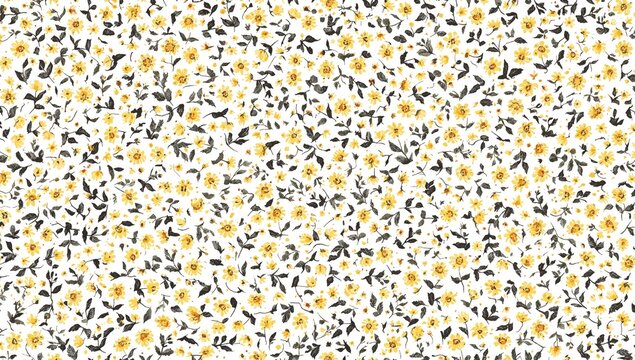 Seamless floral design featuring tiny yellow blooms and dark foliage, suitable for various print and digital applications