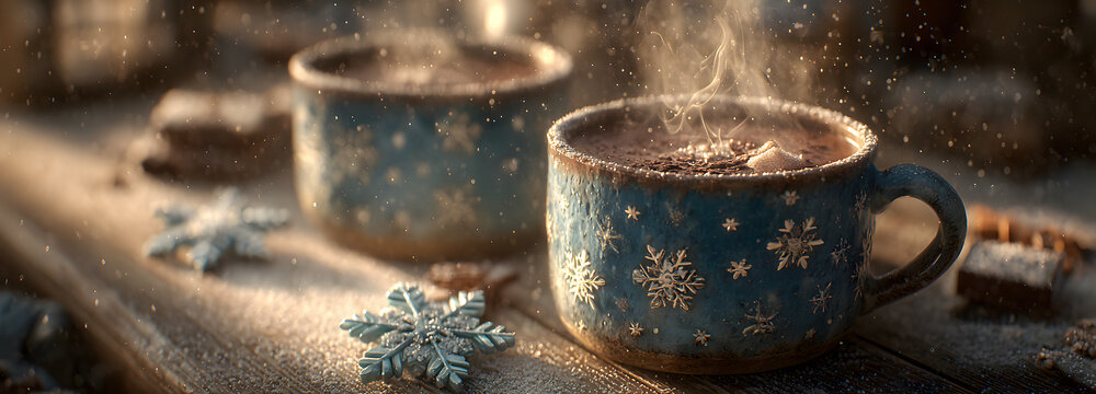 Hot chocolate, coffee in a cup, with Christmas snowflakes, beautiful cover. Christmas premium background image, for cover, brochure, brochure, desktop, notepad. Concept for holiday.