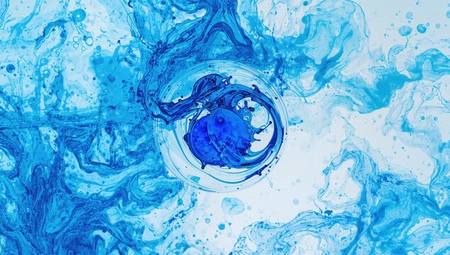 A blue ink droplet dispersing in liquid, creating an abstract pattern, artistic background