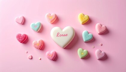 Obraz premium Colorful pastel heart Valentine chocolates pattern on pink background with love text, romantic candy for sweet celebration.