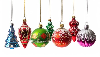 Christmas ornaments hanging over white background. Composition of Christmas tree decorations