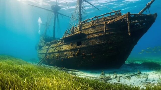Ocean mystery and lost history concept with a shipwrecked wooden vessel at the bottom of the sea, alluding to the past and underwater discovery