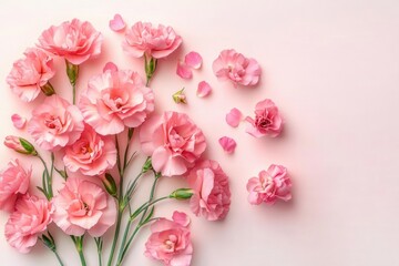 Delicate arrangement of pink carnations with green stems and scattered petals on soft pink background evoking freshness and elegance
