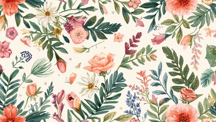 Charming floral illustration, featuring flowers, leaves, and buds, ideal for card or invitation design