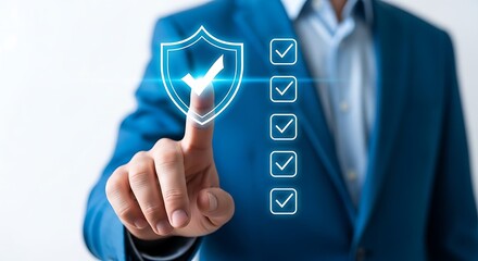 Man pointing at security shield with check marks isolated on white background