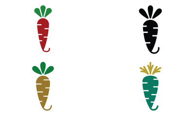 Colorful carrot icon set with green leaves on white background  
