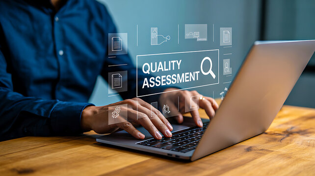 A professional working on a laptop performs a quality assessment search, reviewing digital documents and standards for performance and excellence.