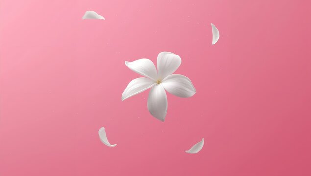 Jasmine flower in white falling against a pink backdrop, levitation effect, seasonal beauty