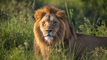 Male lion resting in the grassland, showcasing territorial dominance