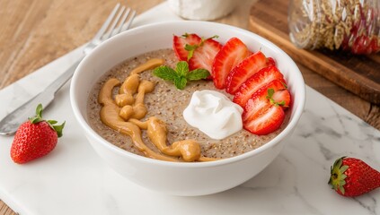 Chia pudding topped with strawberry and peanut butter, protein-rich meal